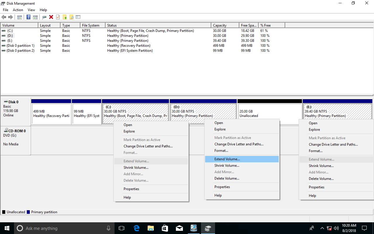 Extend volume option greyed out windows 10